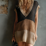 ElevenOra Chic Elegant Black-Camel-Beige Colorblock V-Neck Sleeveless Loose-Fit Knit Mini Dress