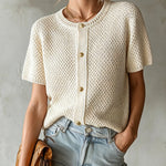 ElevenOra Chic Elegant Beige Round-Neck Short-Sleeve Single-Breasted Loose-Fit Knit Cardigan Top