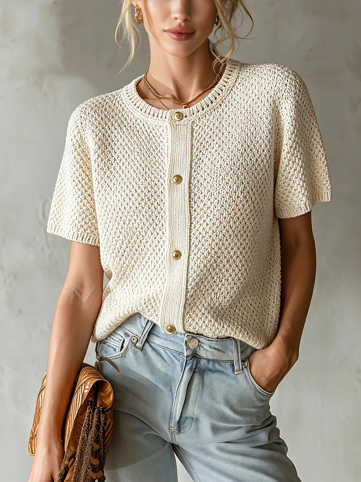 ElevenOra Chic Elegant Beige Round-Neck Short-Sleeve Single-Breasted Loose-Fit Knit Cardigan Top