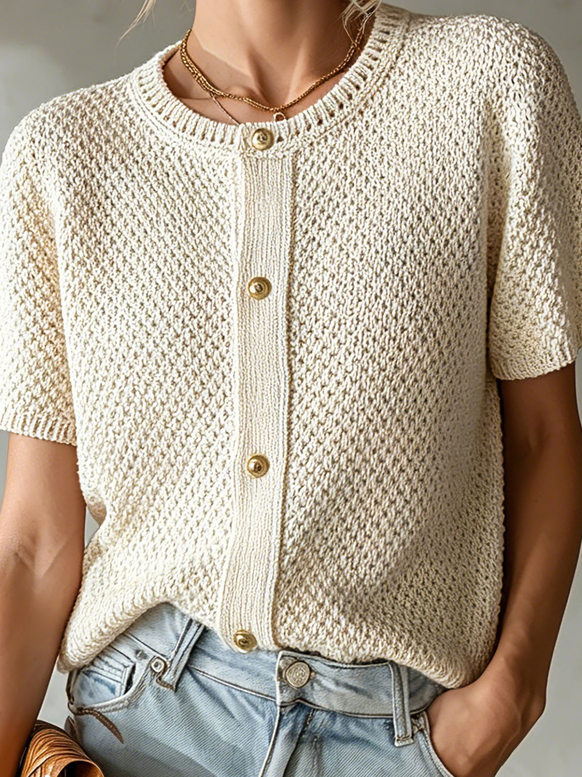 ElevenOra Chic Elegant Beige Round-Neck Short-Sleeve Single-Breasted Loose-Fit Knit Cardigan Top