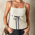 ElevenOra Chic Elegant Beige Spaghetti Straps Square-Neck Drawstring Waist Ribbed Detail Slim-Fit Knit Camisole