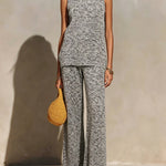 ElevenOra Chic Elegant Gray Melange Round-Neck Loose-Fit Vest Elastic-Waist Wide-Leg Pants Ribbed Knit Two-Piece Set