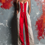 ElevenOra Chic Elegant Off White-Red Colorblock Cotton Linen Blend Spaghetti Straps V-Neck Button-Front Sleeveless Tailored-Waist Loose-Fit Wide-Leg Jumpsuit