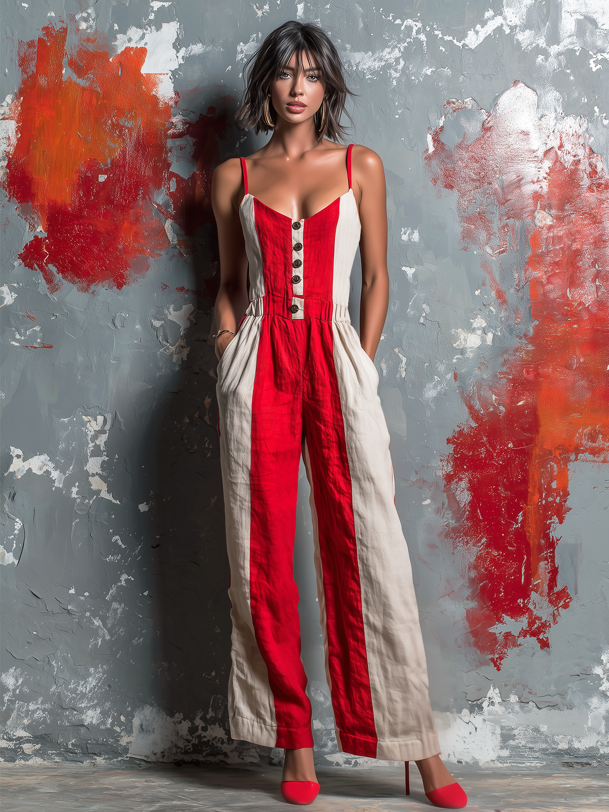 ElevenOra Chic Elegant Off White-Red Colorblock Cotton Linen Blend Spaghetti Straps V-Neck Button-Front Sleeveless Tailored-Waist Loose-Fit Wide-Leg Jumpsuit
