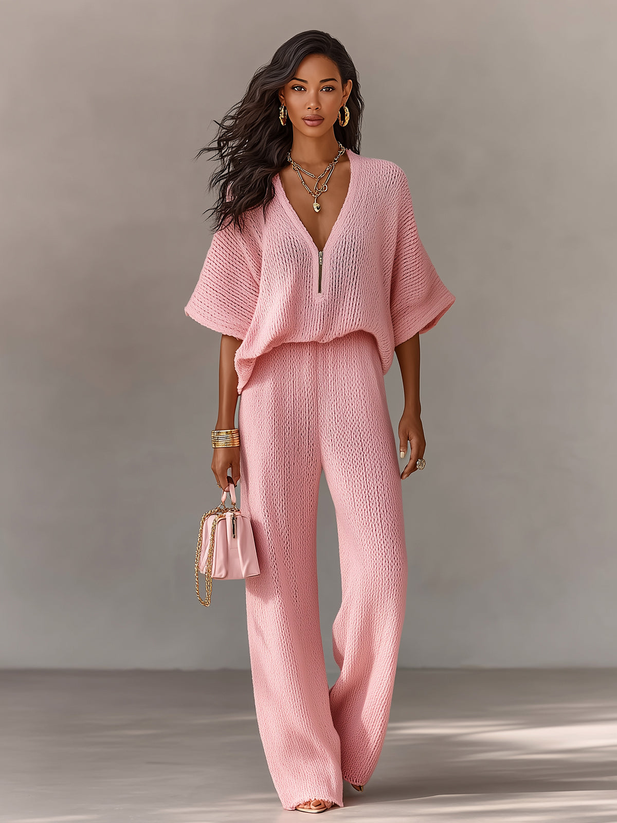 ElevenOra Chic Elegant Pink Zipper-Up V-Neck Short-Flare-Sleeve Loose-Fit Top Elastic-Waist Wide-Leg Pants Knit Two-Piece Set