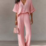 ElevenOra Chic Elegant Pink Zipper-Up V-Neck Short-Flare-Sleeve Loose-Fit Top Elastic-Waist Wide-Leg Pants Knit Two-Piece Set