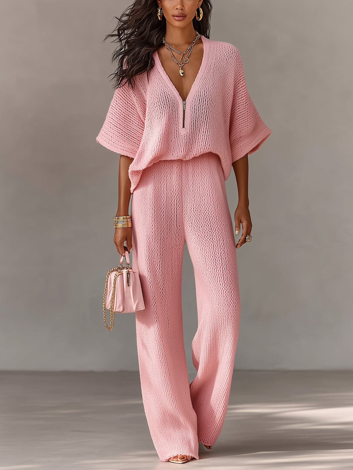 ElevenOra Chic Elegant Pink Zipper-Up V-Neck Short-Flare-Sleeve Loose-Fit Top Elastic-Waist Wide-Leg Pants Knit Two-Piece Set