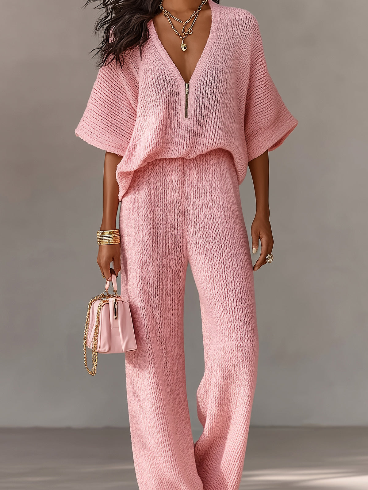 ElevenOra Chic Elegant Pink Zipper-Up V-Neck Short-Flare-Sleeve Loose-Fit Top Elastic-Waist Wide-Leg Pants Knit Two-Piece Set
