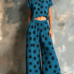 ElevenOra Chic Elegant Teal Blue Polka Dot Jacquard Round-Neck Short-Sleeve Sweater Top Loose-Fit Wide-Leg Pants Knit Two-Piece Set