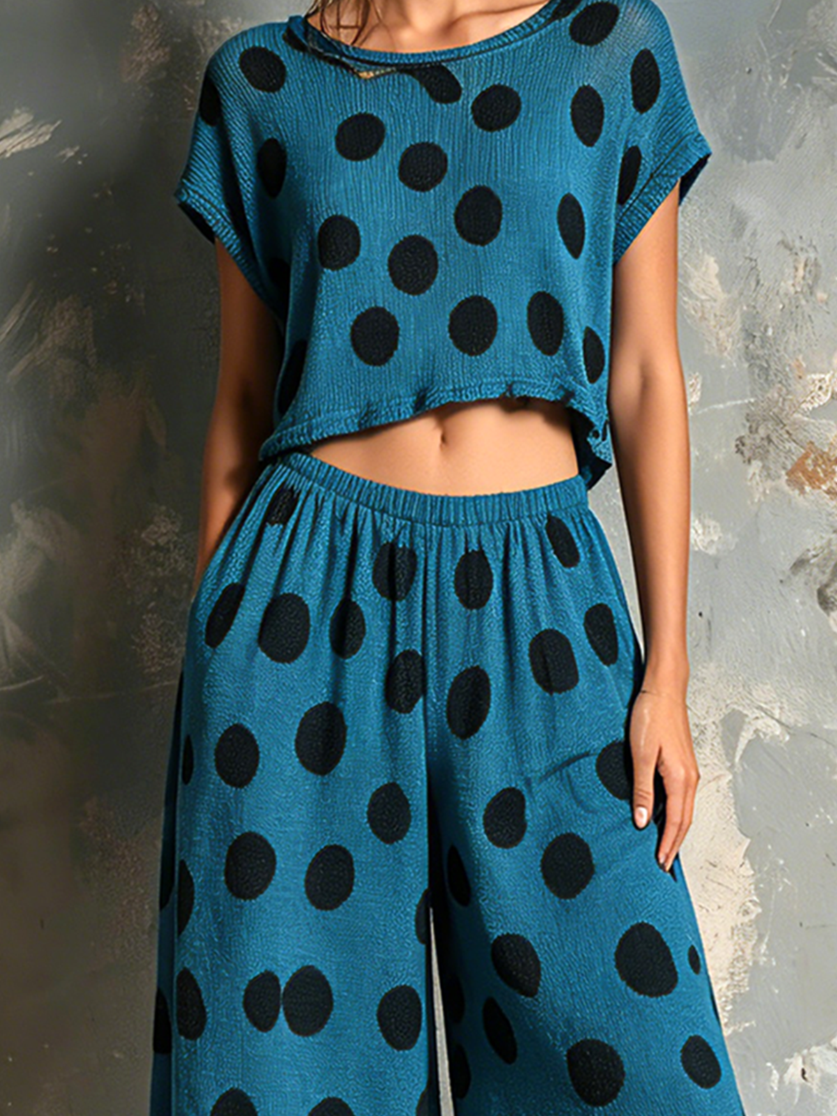 ElevenOra Chic Elegant Teal Blue Polka Dot Jacquard Round-Neck Short-Sleeve Sweater Top Loose-Fit Wide-Leg Pants Knit Two-Piece Set