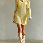 ElevenOra Chic Elegant Yellow Lapel-Collar Long-Sleeve Single-Breasted Trim Detail Loose-Fit A-Line Mesh Knit Mini Dress