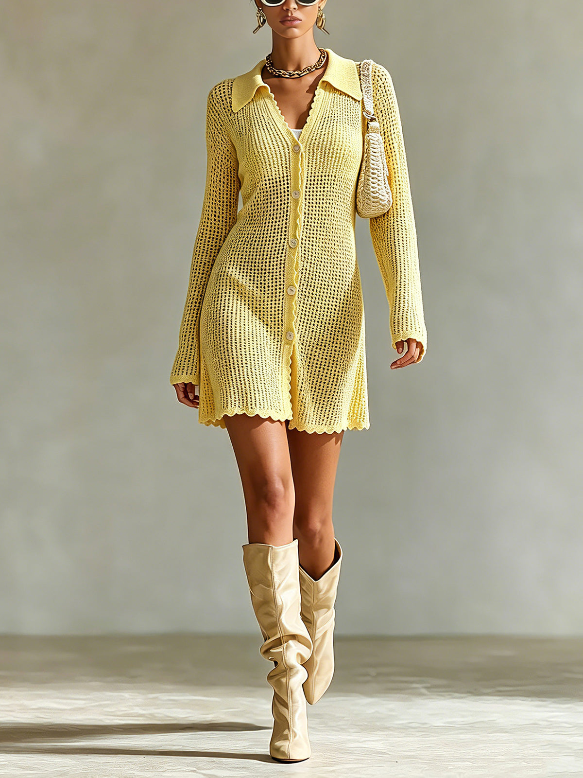 ElevenOra Chic Elegant Yellow Lapel-Collar Long-Sleeve Single-Breasted Trim Detail Loose-Fit A-Line Mesh Knit Mini Dress