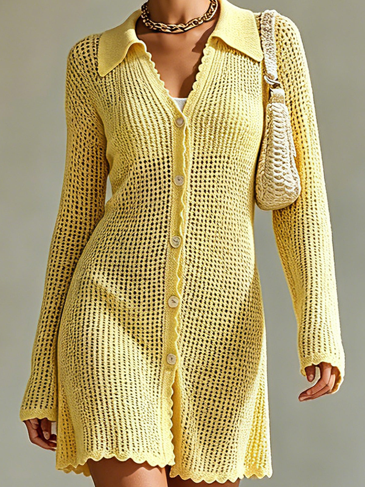 ElevenOra Chic Elegant Yellow Lapel-Collar Long-Sleeve Single-Breasted Trim Detail Loose-Fit A-Line Mesh Knit Mini Dress