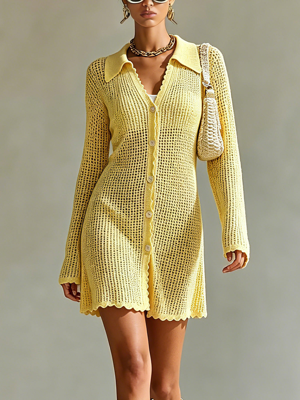 ElevenOra Chic Elegant Yellow Lapel-Collar Long-Sleeve Single-Breasted Trim Detail Loose-Fit A-Line Mesh Knit Mini Dress
