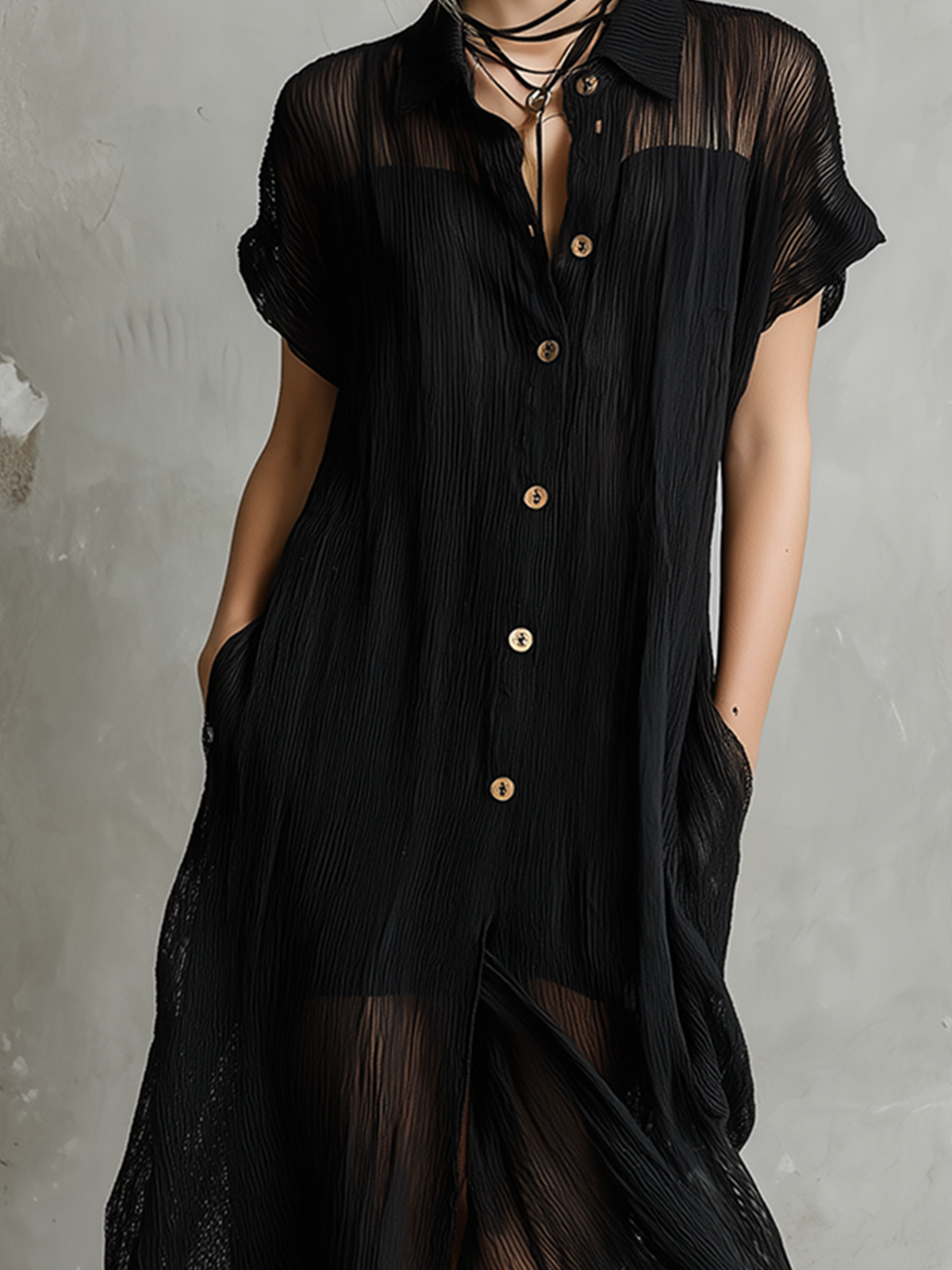 ElevenOra Chic Elegant Black Lapel Collar Single-Breasted Short-Sleeve Loose-Fit Asymmetrical Hem Crinkle Sheer Woven Fabric Midi Dress