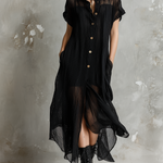 ElevenOra Chic Elegant Black Lapel Collar Single-Breasted Short-Sleeve Loose-Fit Asymmetrical Hem Crinkle Sheer Woven Fabric Midi Dress