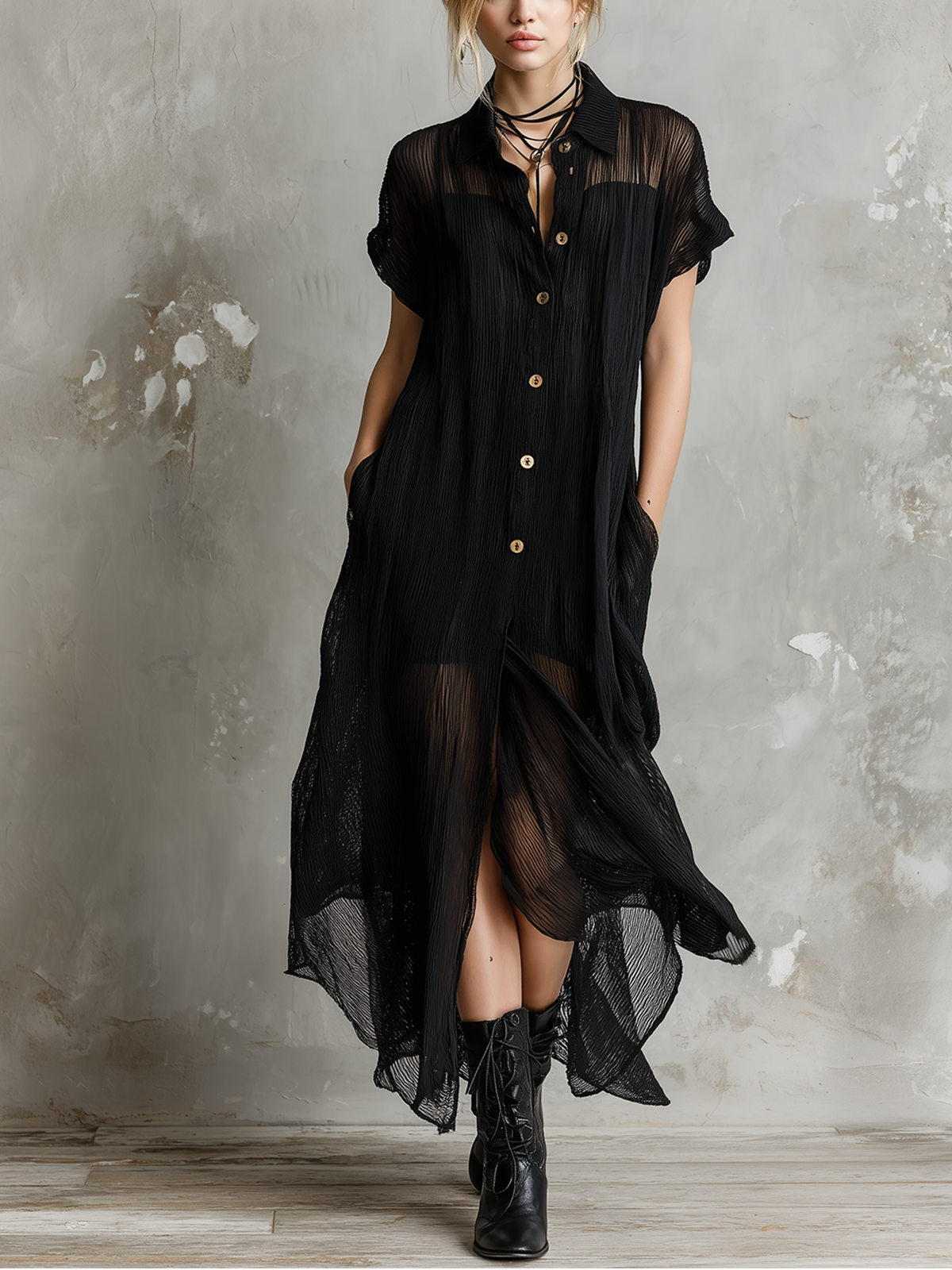 ElevenOra Chic Elegant Black Lapel Collar Single-Breasted Short-Sleeve Loose-Fit Asymmetrical Hem Crinkle Sheer Woven Fabric Midi Dress
