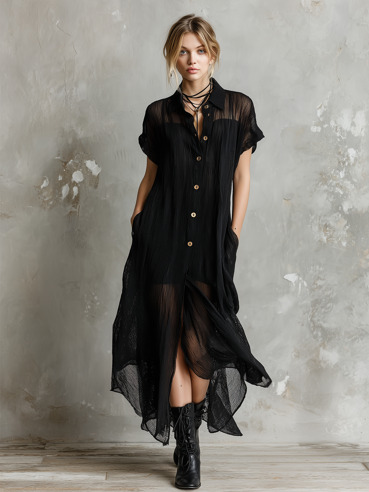 ElevenOra Chic Elegant Black Lapel Collar Single-Breasted Short-Sleeve Loose-Fit Asymmetrical Hem Crinkle Sheer Woven Fabric Midi Dress