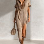 ElevenOra Chic Elegant Camel-Brown Colorblock Lapel V-Neck Short-Sleeve Slit Detail Loose-Fit Ribbed Knit Midi Dress