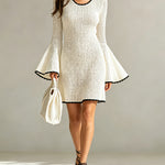ElevenOra Chic Elegant Beige Round-Neck Long-Flare-Sleeve Black Trim Detail A-Line Mesh Knit Mini Dress