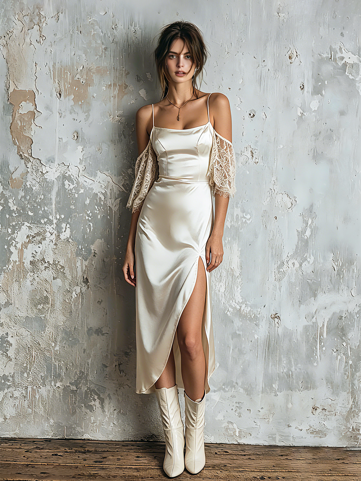 ElevenOra Chic Elegant Off White Spaghetti Strap Square Neck Lace Cold Shoulder Sleeve Slim-Fit Side Slit Satin Midi Dress