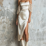 ElevenOra Chic Elegant Off White Spaghetti Strap Square Neck Lace Cold Shoulder Sleeve Slim-Fit Side Slit Satin Midi Dress