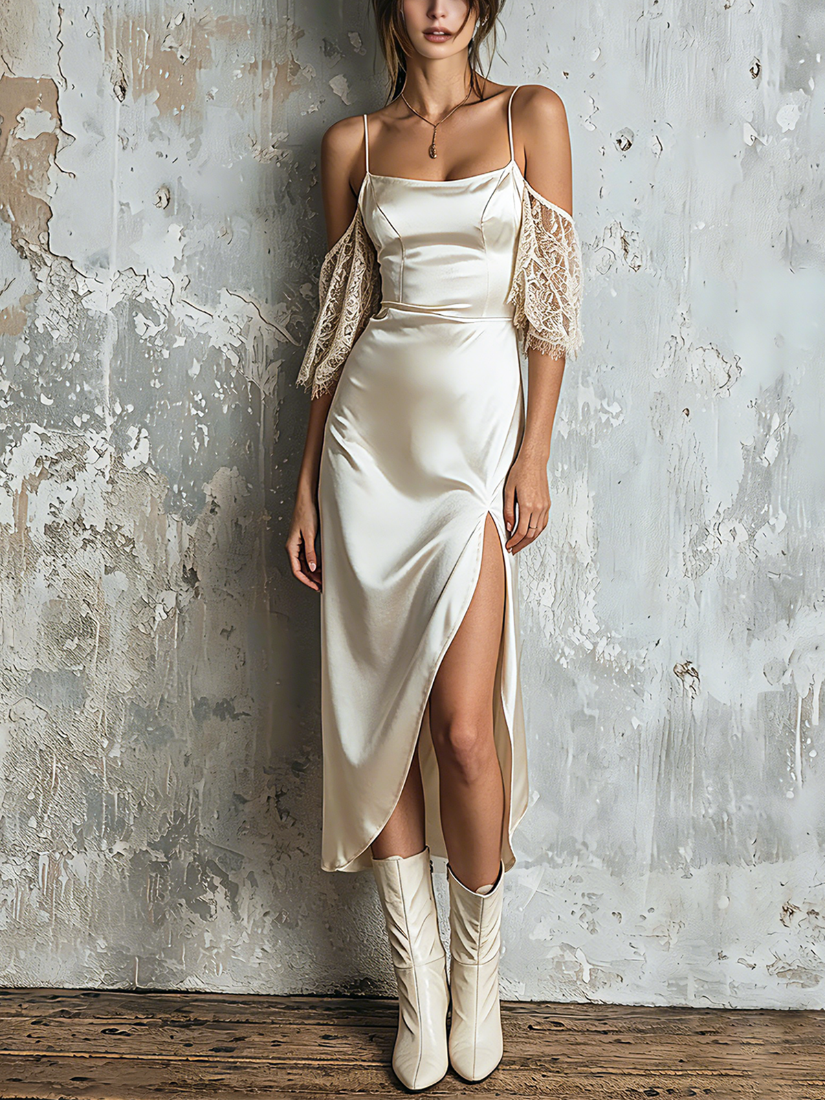 ElevenOra Chic Elegant Off White Spaghetti Strap Square Neck Lace Cold Shoulder Sleeve Slim-Fit Side Slit Satin Midi Dress