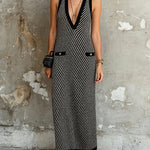 ElevenOra Chic Elegant Black-White Stripes Colorblock Deep V-Neck Sleeveless Pocket Detail A-Line Knit Maxi Dress