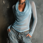 ElevenOra Chic Casual Blue Cowl Neck Long Sleeve Slim-Fit Mesh Knit Sweater Top
