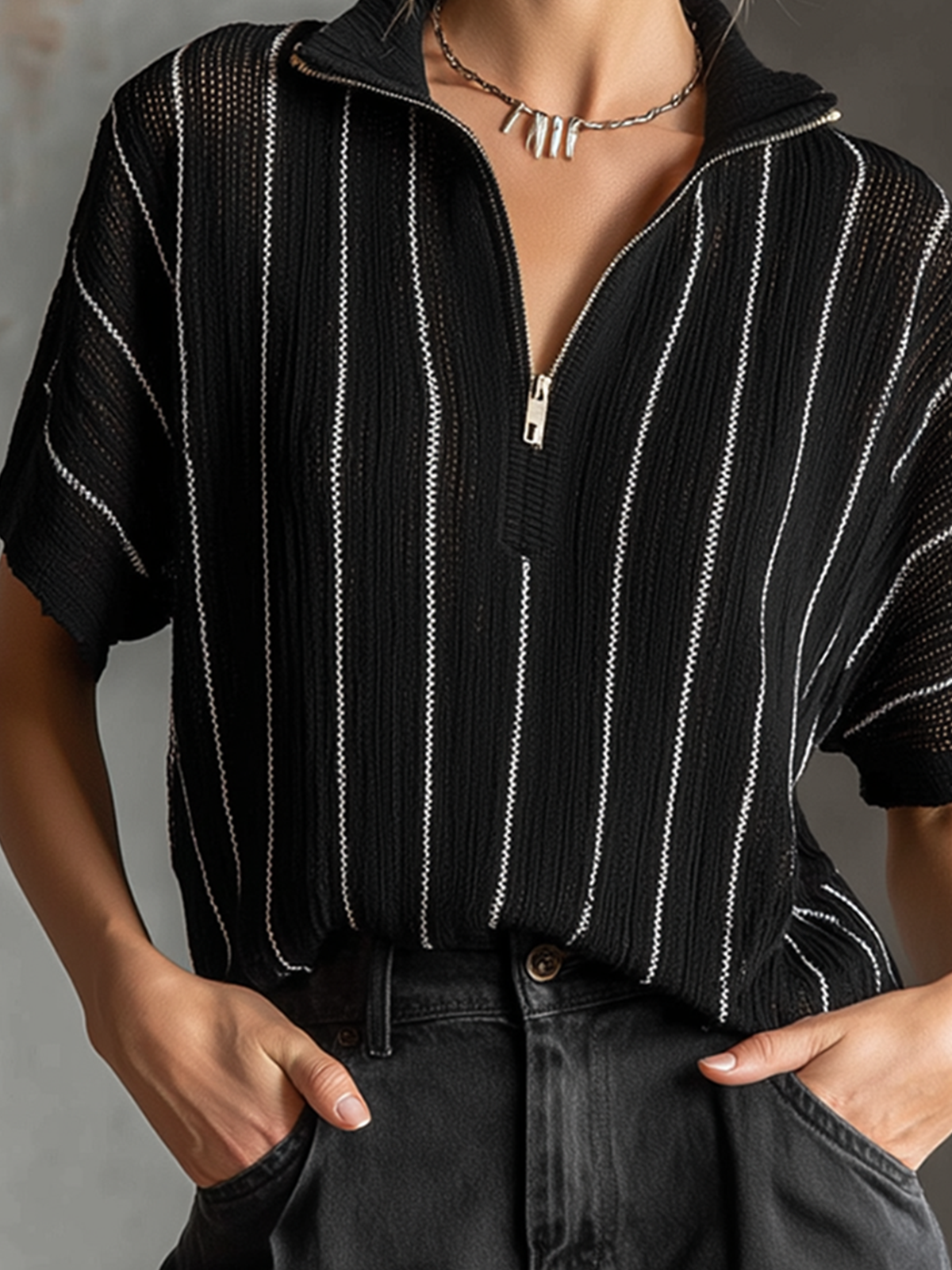 ElevenOra Chic Casual Black-White Stripes  Stand Collar Zipper-Front Short-Sleeve Loose-Fit Mesh Knit Sweater Top