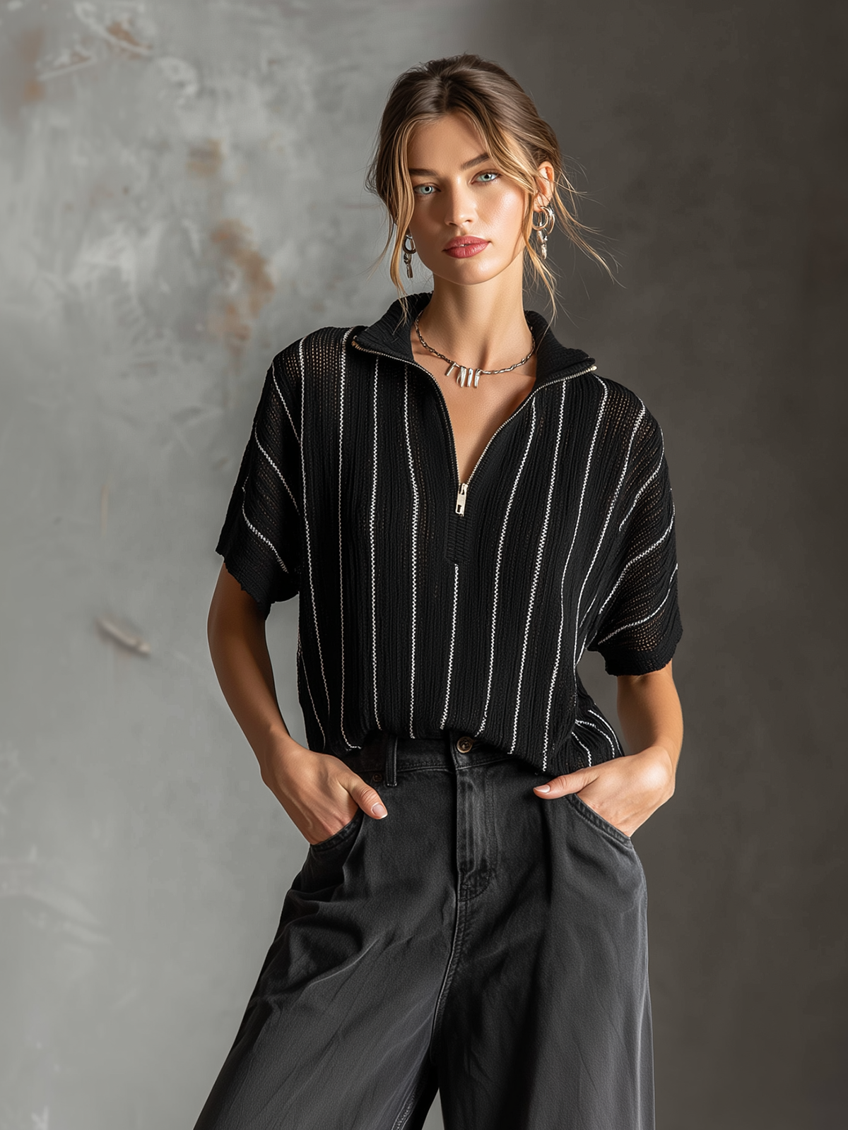 ElevenOra Chic Casual Black-White Stripes  Stand Collar Zipper-Front Short-Sleeve Loose-Fit Mesh Knit Sweater Top