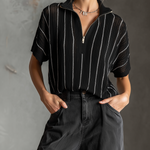 ElevenOra Chic Casual Black-White Stripes  Stand Collar Zipper-Front Short-Sleeve Loose-Fit Mesh Knit Sweater Top
