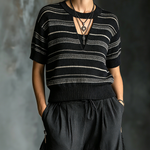 ElevenOra Chic Casual Black-White Stripes Round-Neck Keyhole Cutout Short-Sleeve Loose-Fit Knit Sweater Top