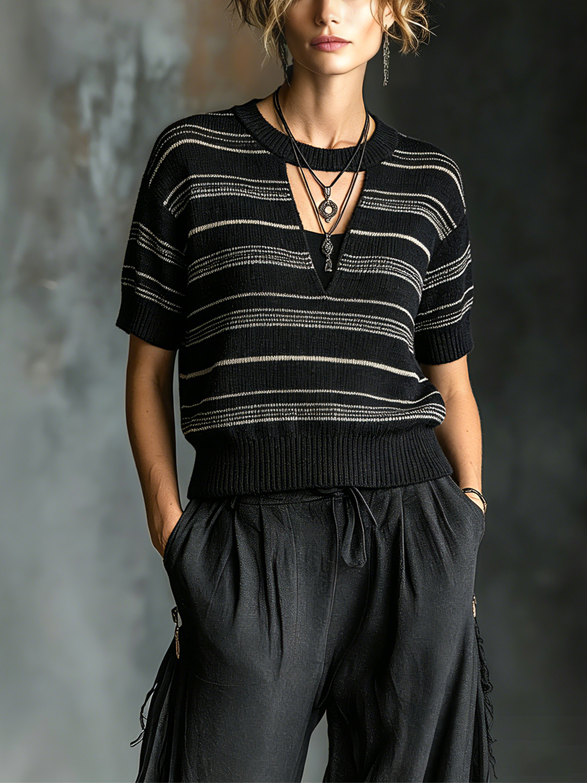 ElevenOra Chic Casual Black-White Stripes Round-Neck Keyhole Cutout Short-Sleeve Loose-Fit Knit Sweater Top