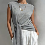 ElevenOra Chic Elegant Gray Round-Neck Sleeveless Rib Detail Tie-Waist Loose-Fit Knit Vest Top