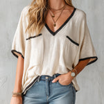 ElevenOra Chic Elegant Beige V-Neck Short-Sleeve Black Trim Detail  Patch Pockets Oversize Knit Sweater Top