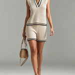 ElevenOra Chic Elegant Beige-Black Colorblock Lapel V-Neck Vest Elastic-Waist Shorts Slim-Fit Ribbed Knit Two-Piece Set