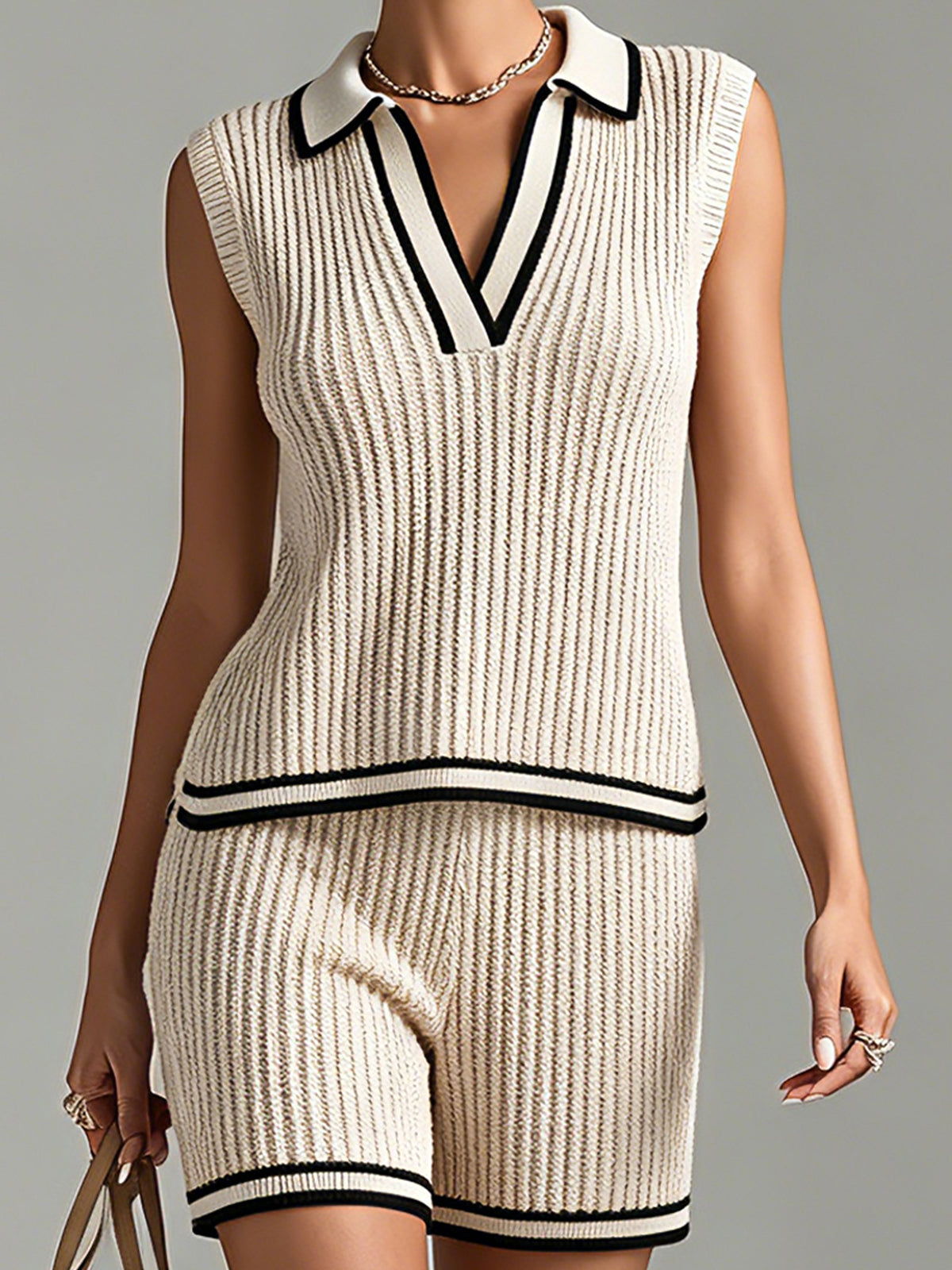 ElevenOra Chic Elegant Beige-Black Colorblock Lapel V-Neck Vest Elastic-Waist Shorts Slim-Fit Ribbed Knit Two-Piece Set