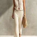 ElevenOra Chic Elegant Beige Round-Neck Single-Breasted Vest Elastic-Waist Wide-Leg Pants Red Trim Detail Slim-Fit Knit Two-Piece Set