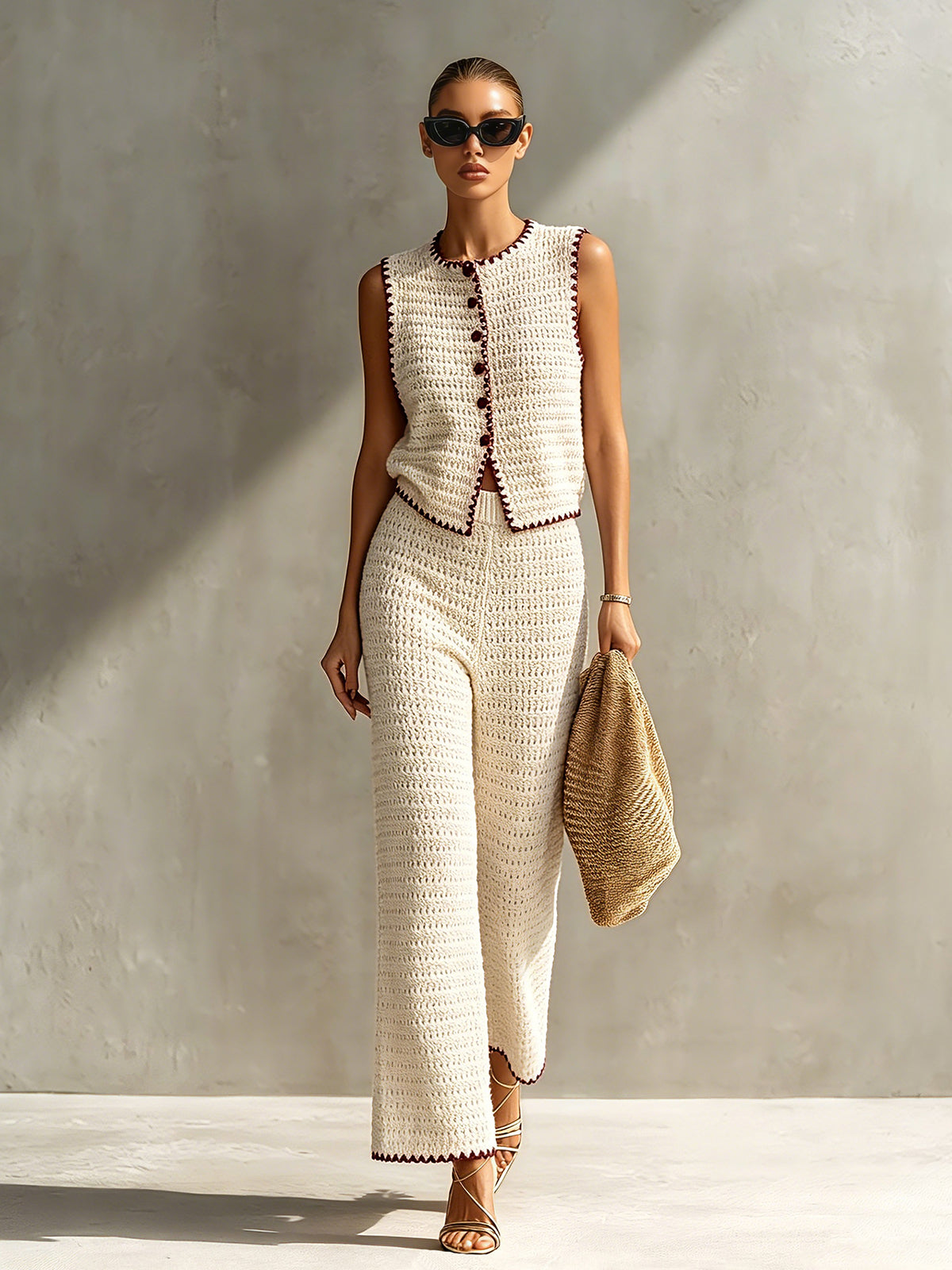 ElevenOra Chic Elegant Beige Round-Neck Single-Breasted Vest Elastic-Waist Wide-Leg Pants Red Trim Detail Slim-Fit Knit Two-Piece Set