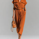 ElevenOra Chic Elegant Orange Stand-Collar Single-Breasted Belted-Waist Multi-Pockets Loose-Fit Ribbed Knit Midi Dress