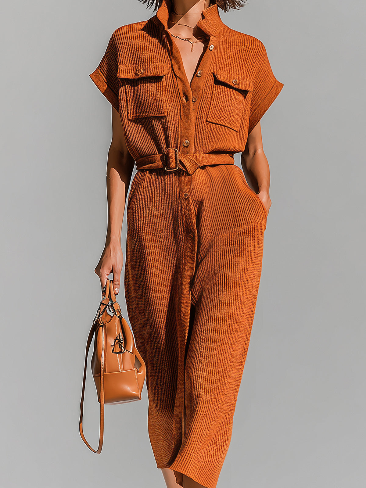 ElevenOra Chic Elegant Orange Stand-Collar Single-Breasted Belted-Waist Multi-Pockets Loose-Fit Ribbed Knit Midi Dress