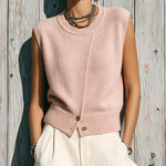 ElevenOra Chic Elegant Light Pink Round-Neck Sleeveless Button-Front Loose-Fit Ribbed Knit Vest Top
