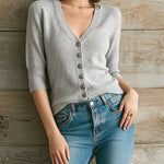 ElevenOra Chic Elegant Gray V-Neck Single-Breasted Half-Sleeve Button-Front Slim-Fit Ribbed Knit Cardigan Top