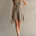ElevenOra Chic Elegant Light Brown V-Neck Sleeveless Tailored-Waist A-Line Slim-Fit Ribbed Knit Mini Dress
