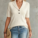 ElevenOra Chic Elegant Beige Button-Up Peaked Collar Short-Sleeve Loose-Fit Ribbed Knit Sweater Top