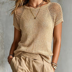 ElevenOra Chic Elegant Camel Round-Neck Hollow-Out Short-Sleeve Loose-Fit Breathable Knit Sweater Top
