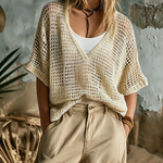 ElevenOra Chic Casual Beige V-Neck Short-Sleeve Hollow-Out Loose-Fit Knit Sweater Top