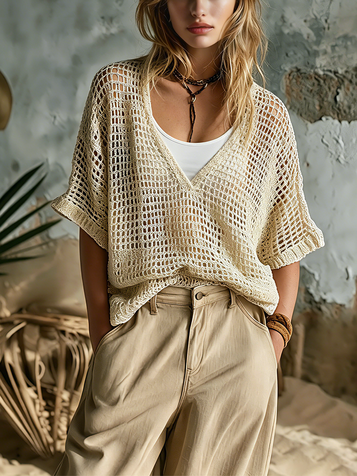 ElevenOra Chic Casual Beige V-Neck Short-Sleeve Hollow-Out Loose-Fit Knit Sweater Top