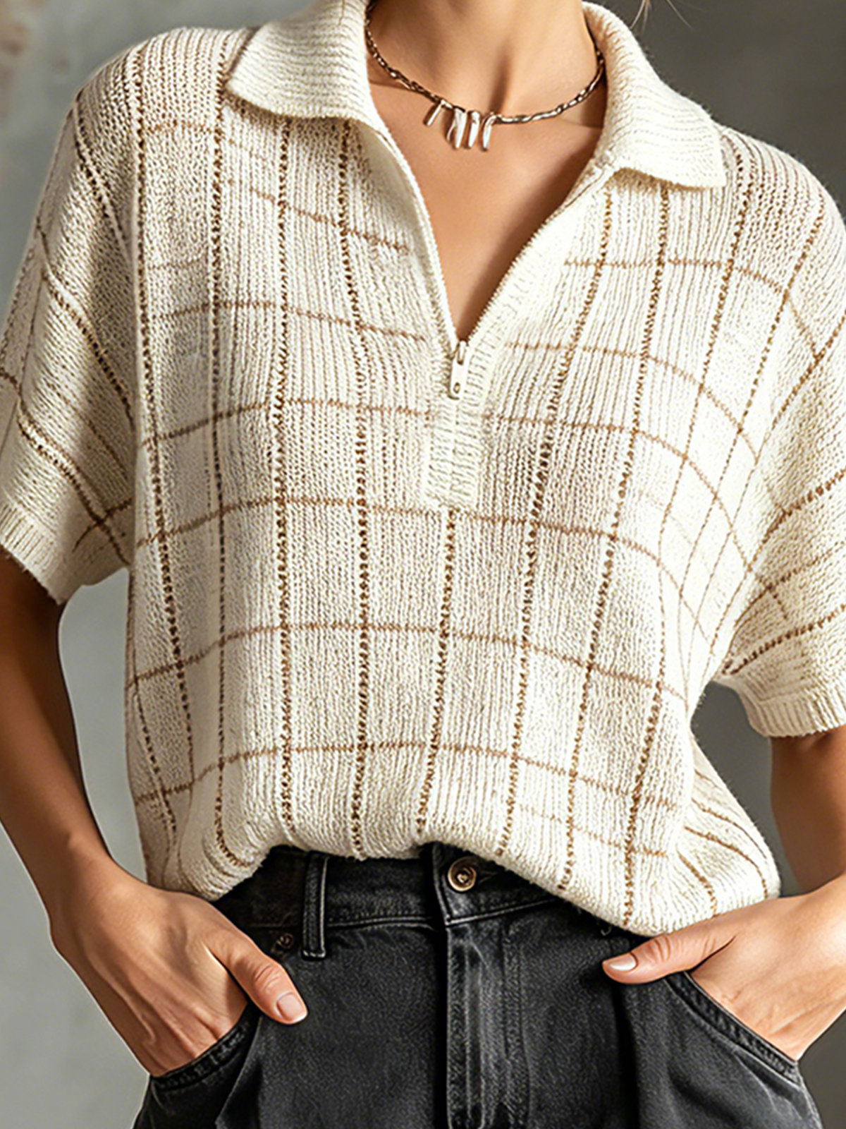 ElevenOra Chic Casual Off White Lapel-Collar Zipper-Up Grid Plaid Short-Sleeve Hollow-Out Loose-Fit Knit Sweater Top
